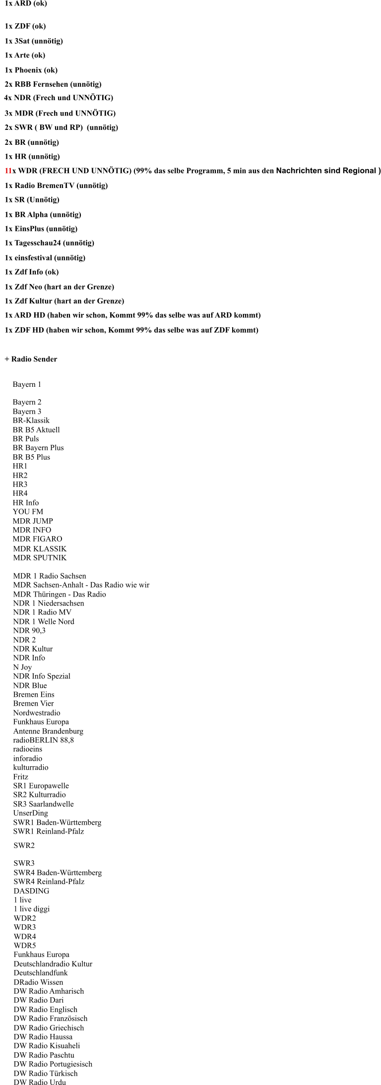 1x ARD (ok)  1x ZDF (ok)   1x 3Sat (unnötig)   1x Arte (ok)   1x Phoenix (ok)   2x RBB Fernsehen (unnötig)      4x NDR (Frech und UNNÖTIG)   3x MDR (Frech und UNNÖTIG)   2x SWR ( BW und RP)  (unnötig)   2x BR (unnötig)   1x HR (unnötig)   11x WDR (FRECH UND UNNÖTIG) (99% das selbe Programm, 5 min aus den Nachrichten sind Regional )    1x Radio BremenTV (unnötig)   1x SR (Unnötig)   1x BR Alpha (unnötig)   1x EinsPlus (unnötig)   1x Tagesschau24 (unnötig)   1x einsfestival (unnötig)   1x Zdf Info (ok)   1x Zdf Neo (hart an der Grenze)   1x Zdf Kultur (hart an der Grenze)   1x ARD HD (haben wir schon, Kommt 99% das selbe was auf ARD kommt)   1x ZDF HD (haben wir schon, Kommt 99% das selbe was auf ZDF kommt)   + Radio Sender     Bayern 1   Bayern 2   Bayern 3   BR-Klassik   BR B5 Aktuell   BR Puls   BR Bayern Plus   BR B5 Plus   HR1   HR2   HR3   HR4   HR Info   YOU FM   MDR JUMP   MDR INFO   MDR FIGARO   MDR KLASSIK  MDR SPUTNIK   MDR 1 Radio Sachsen   MDR Sachsen-Anhalt - Das Radio wie wir   MDR Thüringen - Das Radio   NDR 1 Niedersachsen   NDR 1 Radio MV   NDR 1 Welle Nord   NDR 90,3   NDR 2   NDR Kultur   NDR Info   N Joy   NDR Info Spezial   NDR Blue   Bremen Eins   Bremen Vier   Nordwestradio   Funkhaus Europa   Antenne Brandenburg   radioBERLIN 88,8   radioeins   inforadio   kulturradio   Fritz   SR1 Europawelle   SR2 Kulturradio   SR3 Saarlandwelle   UnserDing   SWR1 Baden-Württemberg   SWR1 Reinland-Pfalz  SWR2   SWR3   SWR4 Baden-Württemberg   SWR4 Reinland-Pfalz   DASDING   1 live   1 live diggi   WDR2   WDR3   WDR4   WDR5   Funkhaus Europa   Deutschlandradio Kultur   Deutschlandfunk   DRadio Wissen   DW Radio Amharisch   DW Radio Dari   DW Radio Englisch   DW Radio Französisch   DW Radio Griechisch   DW Radio Haussa   DW Radio Kisuaheli   DW Radio Paschtu   DW Radio Portugiesisch   DW Radio Türkisch    DW Radio Urdu